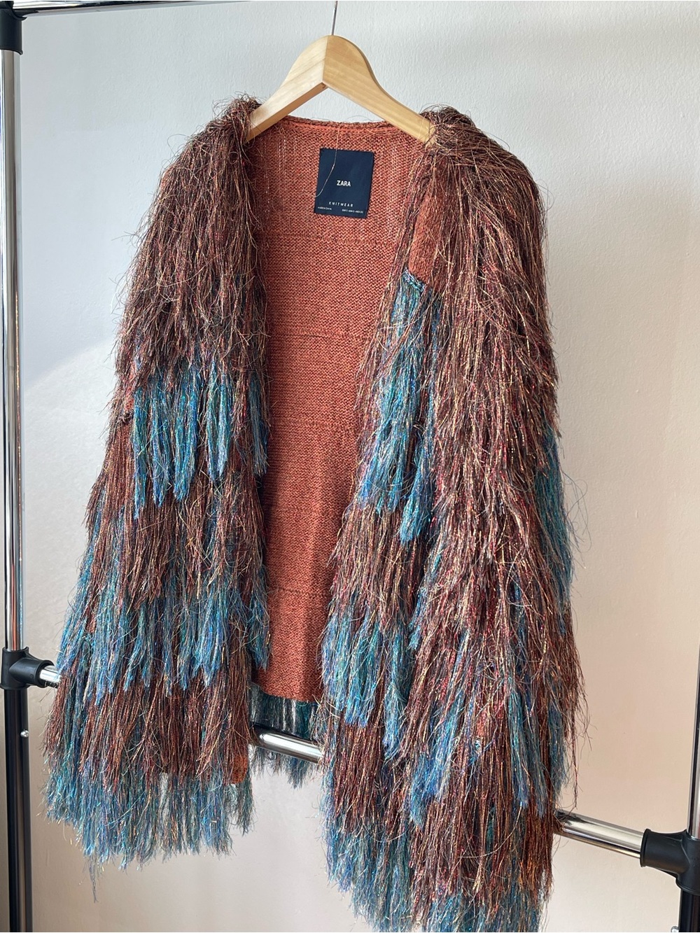 Zara Blue &Burnt Orange Metallic Fringe Cardigan